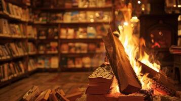 The soft crackle of fire can be heard throughout the bookstore adding to the overall peacefulness of the space. 2d flat cartoon photo