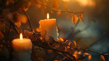 The flickering flames of the candles seem to dance in perfect harmony with the rustling of leaves and branches in the evening breeze. 2d flat cartoon photo