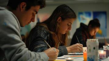 el suave luz de una vela refleja apagado el brillante skysers en el distancia un contraste a el amable Pinceladas de el estudiantes pinturas 2d plano dibujos animados foto