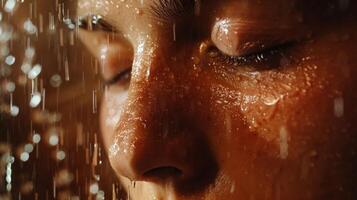 A closeup of the persons face in the sauna with sweat dripping down their forehead and closed eyes. photo