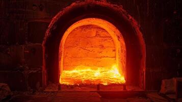 A bright orange glow coming from inside a closed kiln signaling that the firing process is underway. photo