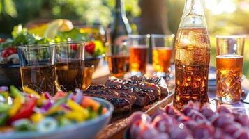 un verano barbacoa untado incluye un variedad de flácido agua mineral Perfecto para emparejamiento con A la parrilla carnes y Fresco ensaladas foto