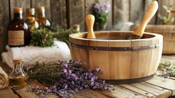 un todo natural sauna experiencia utilizando orgánico hierbas y esencial aceites a mejorar el desintoxicante efectos y promover piel alimento. foto