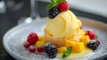 Cool off from the tropical heat with a scoop of our homemade coconut and mango sorbet served on a delicate wafer and garnished with fresh berries at our spas ice cream parlor photo