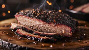 A thick slice of slowsmoked brisket its deep savory flavor complemented by a sweet and y BBQ glaze. The charred edges and pink smoke ring are a testament to the hours spen photo