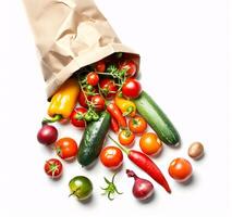 AI generated Fresh Organic Vegetables and Fruits Spilling from Eco-Friendly Paper Bag on White Background photo