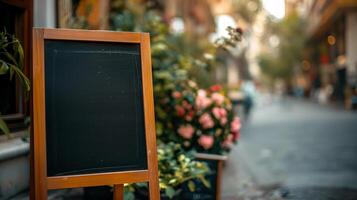 AI generated Empty Menu Board on Cobblestone Street with Lush Plants photo