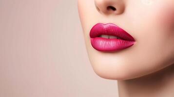 ai generado de cerca de mujer rechoncho rojo labios - belleza y maquillaje concepto foto