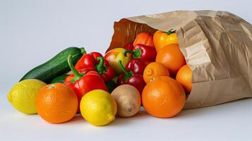 AI generated Vibrant Selection of Fresh Fruits and Vegetables Spilling from Brown Paper Bag on Neutral Background photo