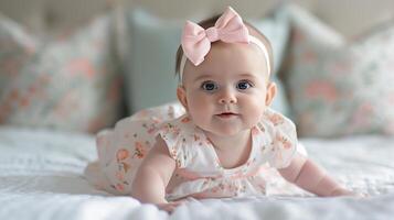 ai generado adorable bebé niña con espumoso azul ojos y rosado arco - inocencia y alegría en un alto llave retrato foto