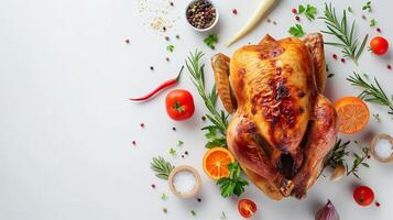 AI generated Roasted Whole Chicken with Fresh Herbs and Spices on White Background photo