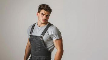 AI generated Portrait of a Confident Young Man Wearing Grey Shirt and Black Overalls with a Serious Expression Against a Neutral Background photo