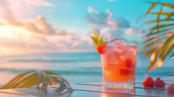 ai generado tropical playa cóctel a puesta de sol con exótico Fruta adornar foto