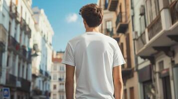 AI generated Young Man in White T-Shirt Ready for Adventure in City Surroundings, Rear View photo