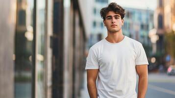 ai generado confidente urbano masculino modelo en llanura blanco camiseta, casual ropa de calle Moda foto