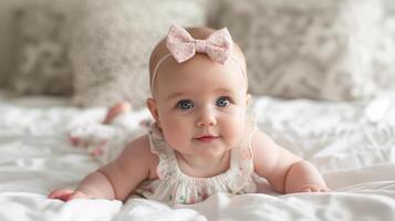 ai generado adorable bebé niña con espumoso azul ojos y rosado arco - inocencia y alegría en un alto llave retrato foto