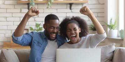 AI generated Overjoyed Couple Celebrating a Win with Laptop at Home photo