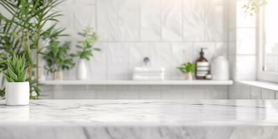 AI generated Luxurious Marble Bathroom Interior with Green Houseplants photo
