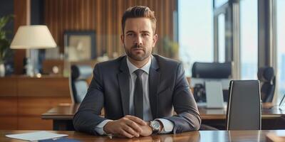 AI generated Confident Businessman in Modern Office Setting photo