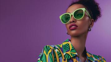 Fashionable Young Woman with Neon Green Sunglasses, Vibrant Shirt photo