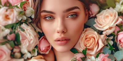 Radiant Beauty Portrait of a Young Woman Surrounded by a Multitude of Gentle Roses photo