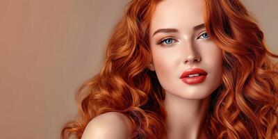 Glamorous Red Haired Woman with Voluptuous Curls and Striking Blue Eyes photo