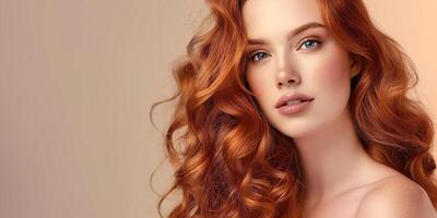 Glamorous Red Haired Woman with Voluptuous Curls and Striking Blue Eyes photo
