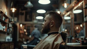 Stylish Haircut Experience Man Enjoying Professional Barbershop Service photo