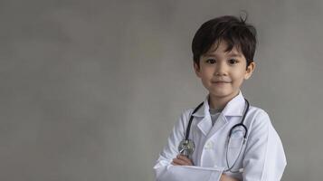 ambicioso joven médico niño en blanco Saco con estetoscopio foto