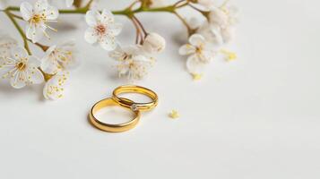 elegante oro Boda anillos en medio de Cereza flores en un blanco fondo foto