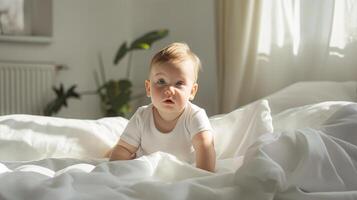 Adorable Baby Boy Enjoying Playtime in a Bright and Cozy White Bedroom Setting photo