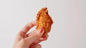 mano participación un crujiente frito pollo pedazo aislado en blanco antecedentes foto