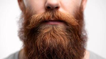 de cerca de del hombre lleno marrón barba y Bigote en blanco antecedentes foto