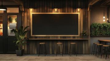 Modern Cafe Interior with Blank Blackboard Menu and Ambient Lighting photo