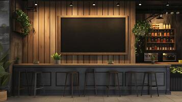 Elegant Restaurant Setting with Empty Menu Chalkboard and Chic Bar Ambience photo