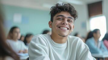 Cheerful College Student Smiling in Classroom Setting photo