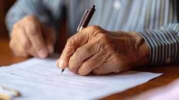 Conscientious Senior Reviewing and Signing Critical Financial Documents for Retirement and Estate Planning photo