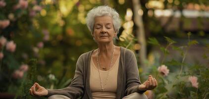 Graceful Serenity, Elderly Woman Meditating Amidst Garden Blooms photo