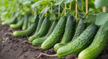 Cucumbers Thriving on a DIY Trellis in a Vegetable Garden photo