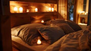 un acogedor dormitorio es iluminado por nichos en el de madera cabecera cada alojamiento un pequeño vela ese agrega un toque de romance a el espacio. 2d plano dibujos animados foto