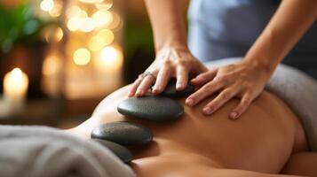 Hot Stone Massage Therapy on Back with Skilled Practitioner Hands photo