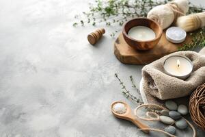 Natural Spa Composition with Candles, Salt, Herbs, and Massage Tools photo