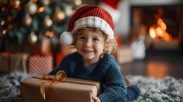 Joyful Child in Santa Hat with Christmas Present photo