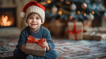 Joyful Child in Santa Hat with Christmas Present photo