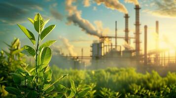 Contrast of Lush Greenery and Industrial Smokestacks photo