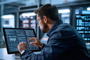 Network Engineer Analyzing Data on Computer in Server Room photo