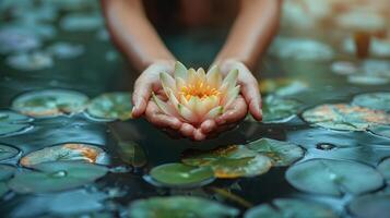 manos de plataforma un loto flor en tranquilo agua foto