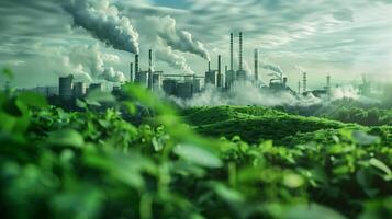 Contrast of Lush Greenery and Industrial Smokestacks photo