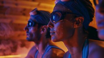 A group of athletes using the sauna after a workout helping to prevent muscle soreness and promoting joint recovery. photo