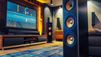 A home theater setup with floortoceiling speakers creating an immersive audio experience photo